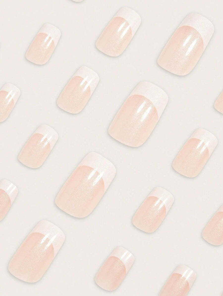 SHEIN مجموعة أظافر 24 قطعة متوسطة فرنسية بيضاء وبريق وردي