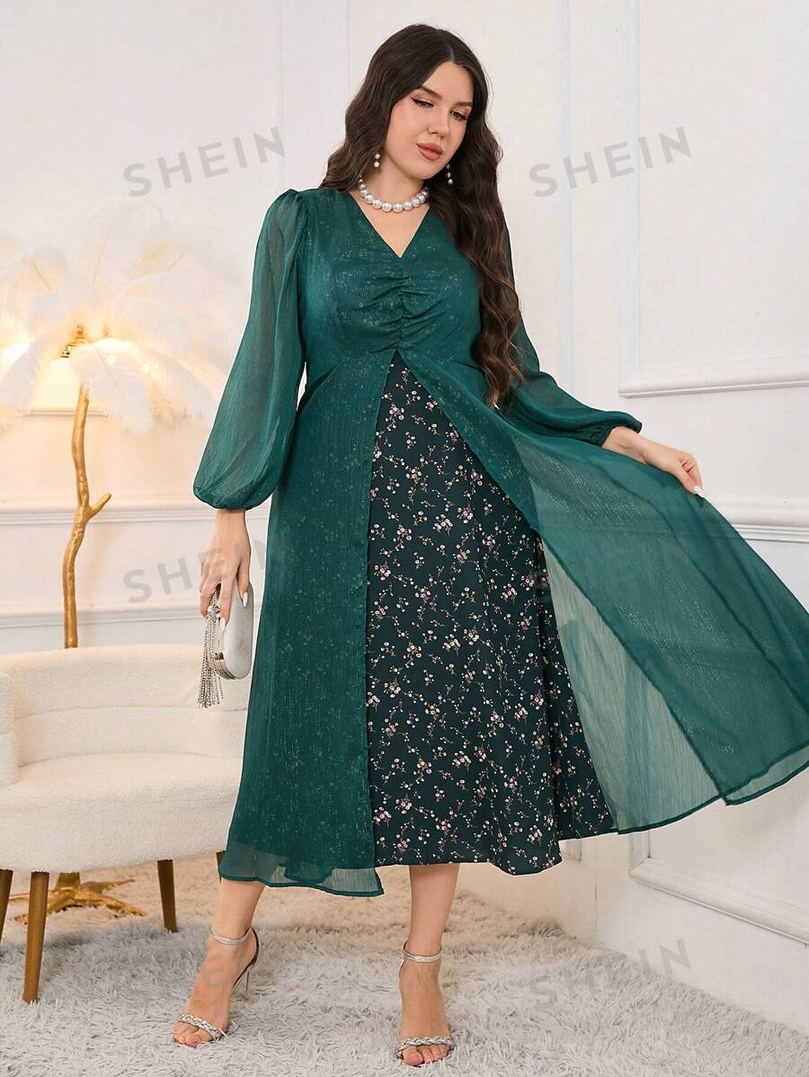 SHEIN Modely فستان بيناتشور بطبعات الزهور الصغيرة وزينة الصدر الرائعة برقبة V، وأكمام اللانترن والزينة السفلية بطبقات، فستان سهرة طويل أنيق للسهرات بمقاس كبير