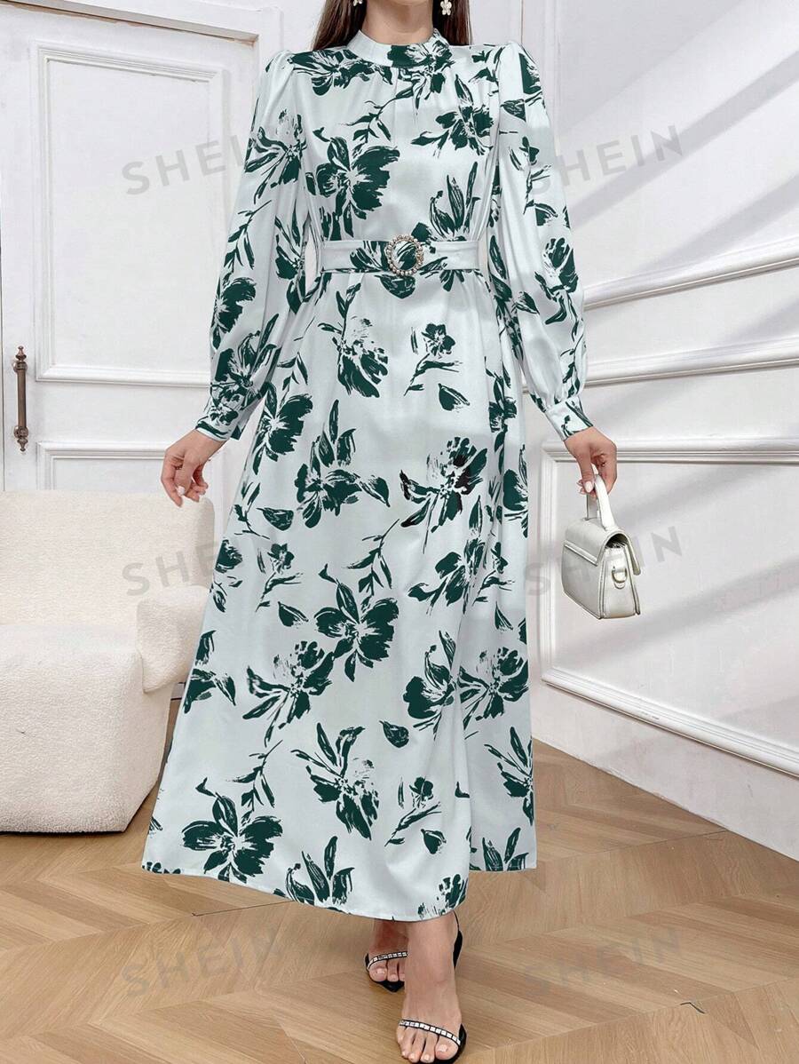 SHEIN Modely فستان نسائي أنيق بأكمام طويلة وياقة وردية مع طبعة زهور