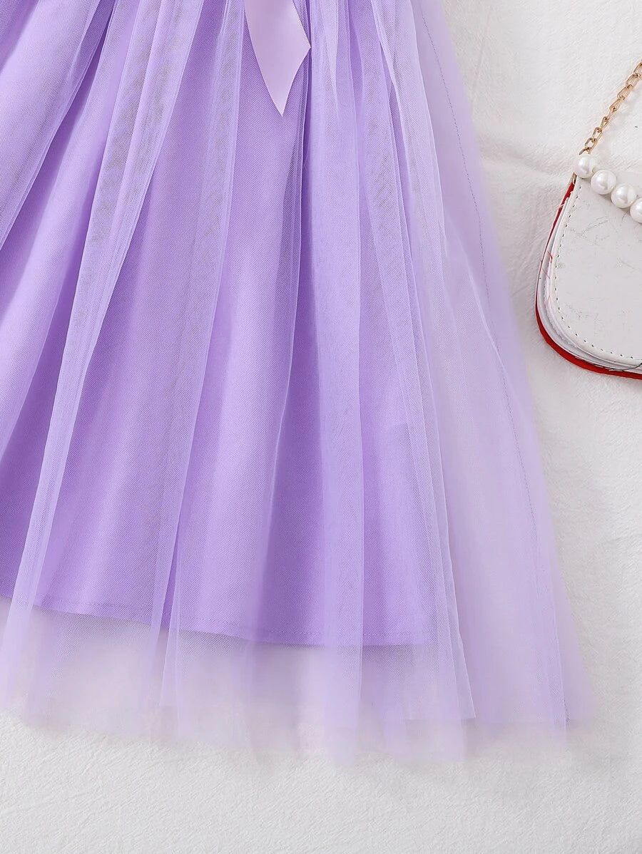 SHEIN Kids CHARMNG فستان بنات فتيات مراهقات طبعات زهور مع تقليم روفل وحاشية من الشبكة