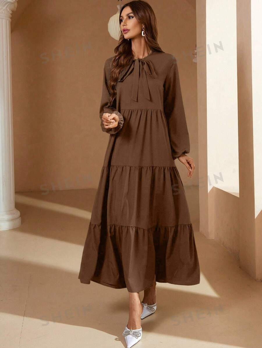 SHEIN Mulvari فستان طويل بأكمام طويلة مطوي بربطة أمامية باللون الواحد - ارتداء يومي عادي، طقم نسائي ماكسي بني اللون
