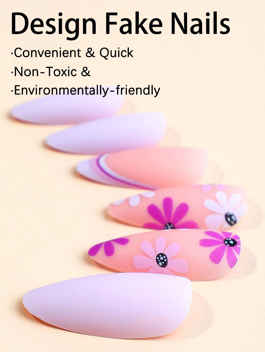 مجموعة 24 قطعة من الأظافر الاصطناعية باللون البنفسجي الداكن بنقوش الزهور والشكل اللوزي الطويل