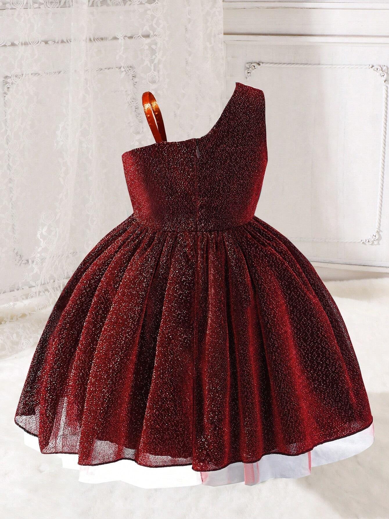 Young Girl Asymmetrical Collar Princess Style Tulle Dress with Ribbon Decor, Perfect for Parties