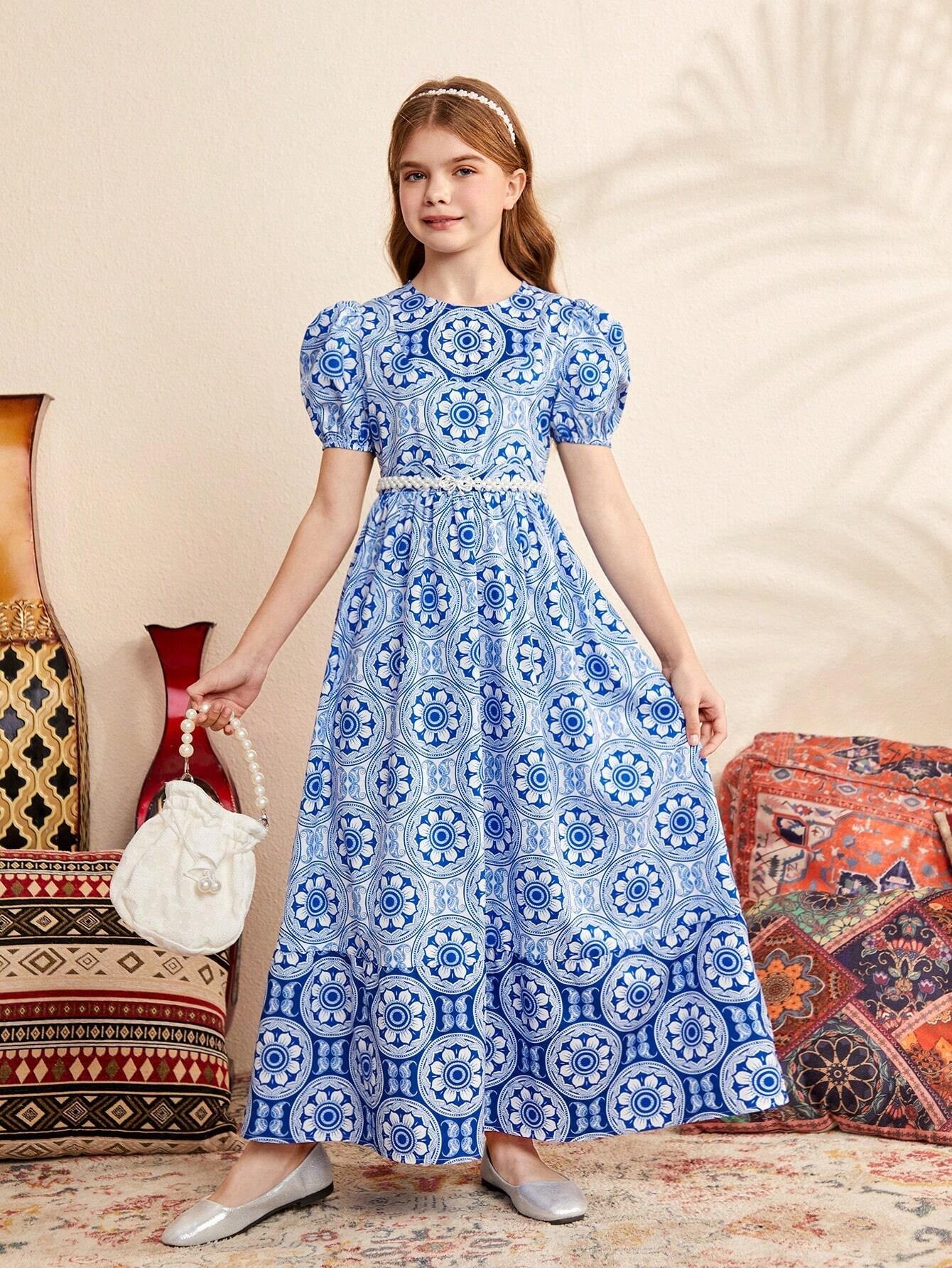 Tween Girls' Gorgeous round Neck Long Floral Patchwork Dress