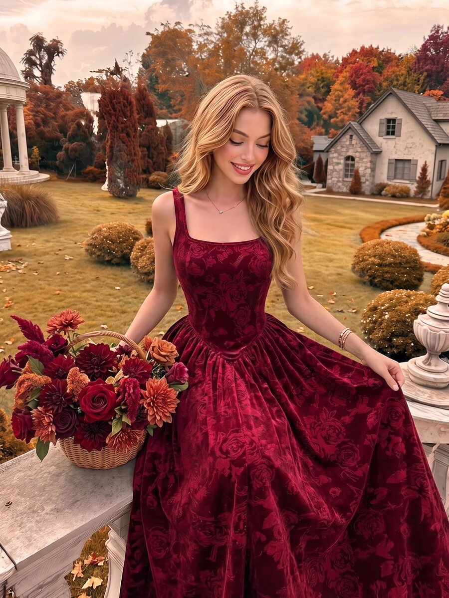 SHEIN MOD فستان مخمل عنابي طويل بياقة مربعة بدون أكمام ومزين بالزهور