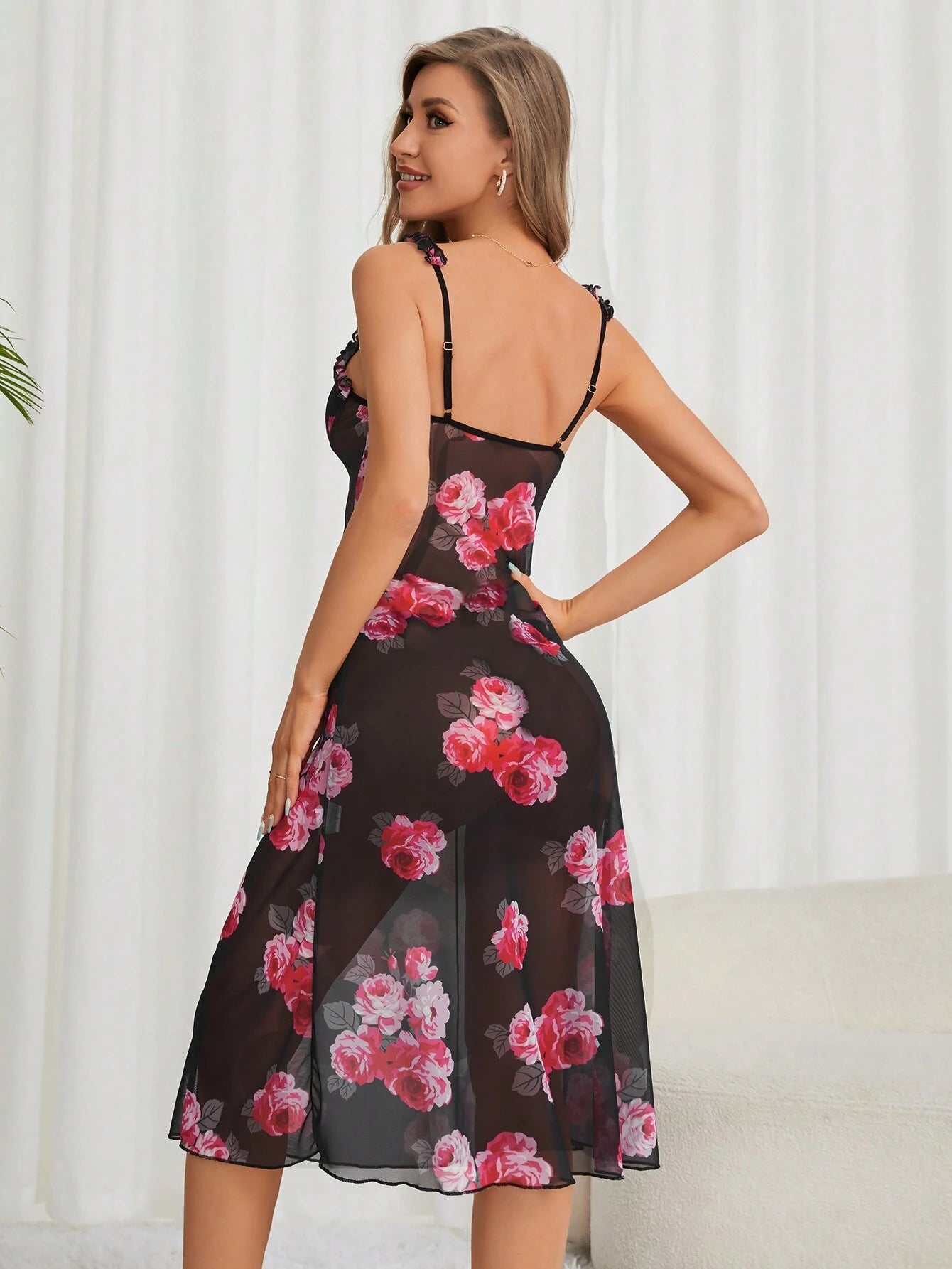 Ladies' Floral Print Sleep Dress with Ruffles