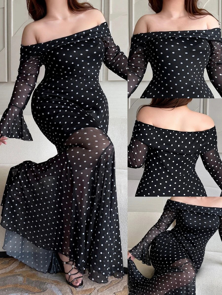 SHEIN Vibekara فستان أسود طويل بكتف مكشوف ونقشة بولكا دوت وذيل حورية البحر