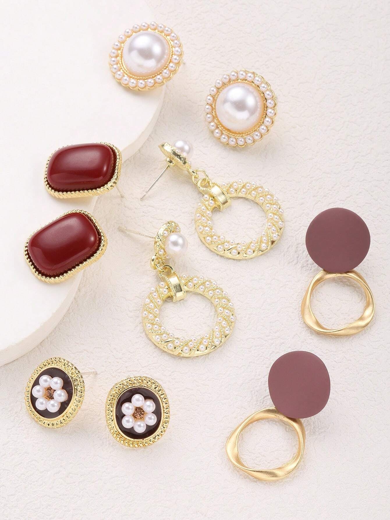 5Pairs/Set Vintage Alloy Dangle Earrings with Pearls & Rhinestone Heart-Shaped Ear Studs, Suitable for Women'S Daily Wear