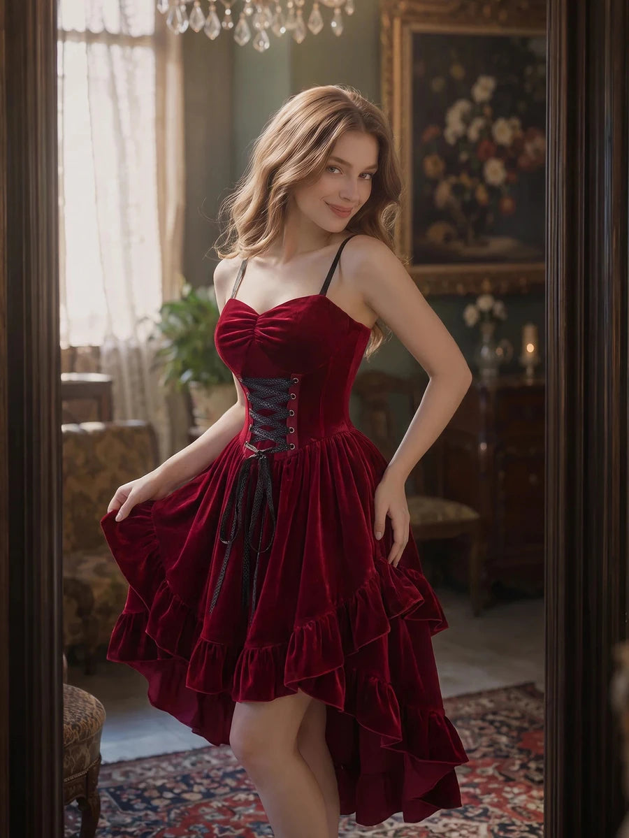 SHEIN MOD فستان ميدي مخملي بلون عنابي