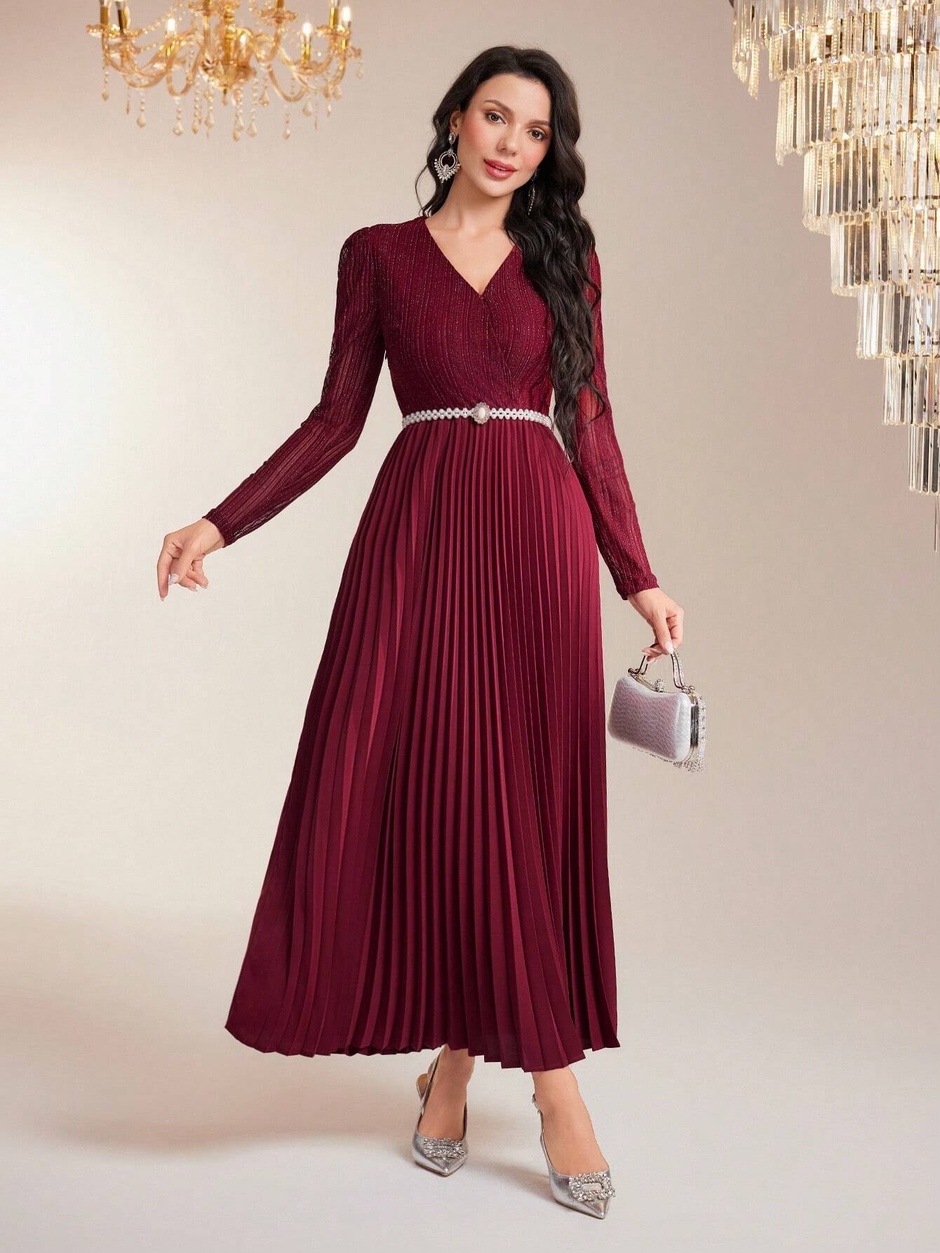 Modely Surplice Neck Pleated Hem Dress with Belt