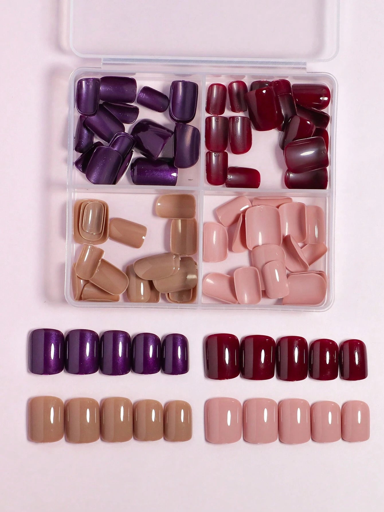 96Pcs (Matte Dark Brown/Matte Nude/Shiny Nude/Shiny Light Nude) DIY Colors Combined Gradient Design Natural Looking Press on Nails Short Fake Nails Square Nails Set with Storage Box as Gift for Women and Girls