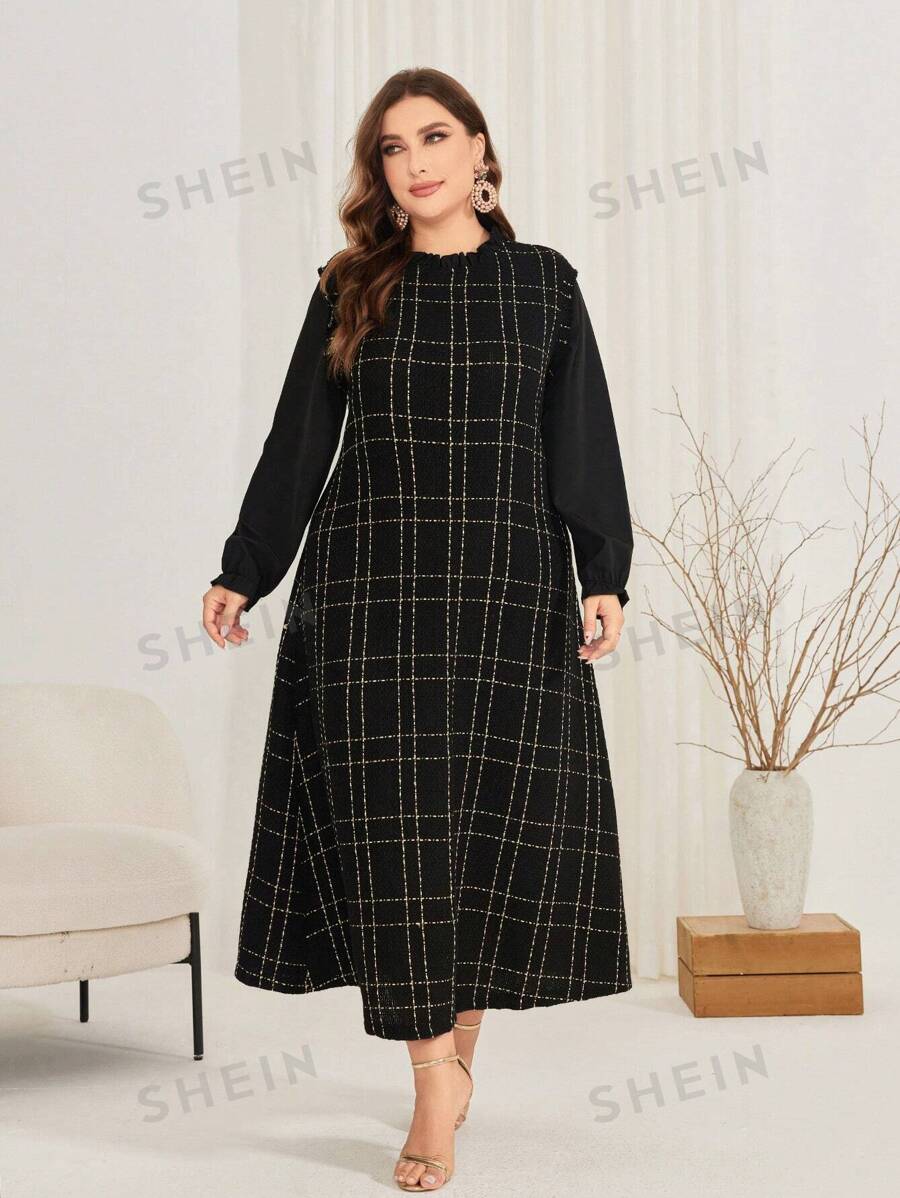 SHEIN Najma فستان نسائي بمقاس كبير بأكمام جرسية مربعة النقش وياقة منحنية مزينة بالكشكشة، قصة آيلاين، نمط عربي