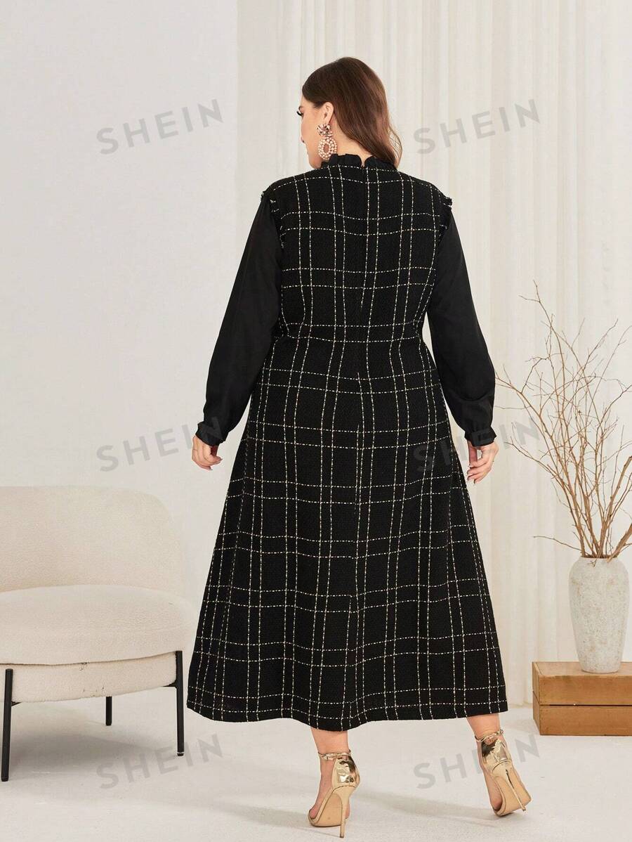 SHEIN Najma فستان نسائي بمقاس كبير بأكمام جرسية مربعة النقش وياقة منحنية مزينة بالكشكشة، قصة آيلاين، نمط عربي