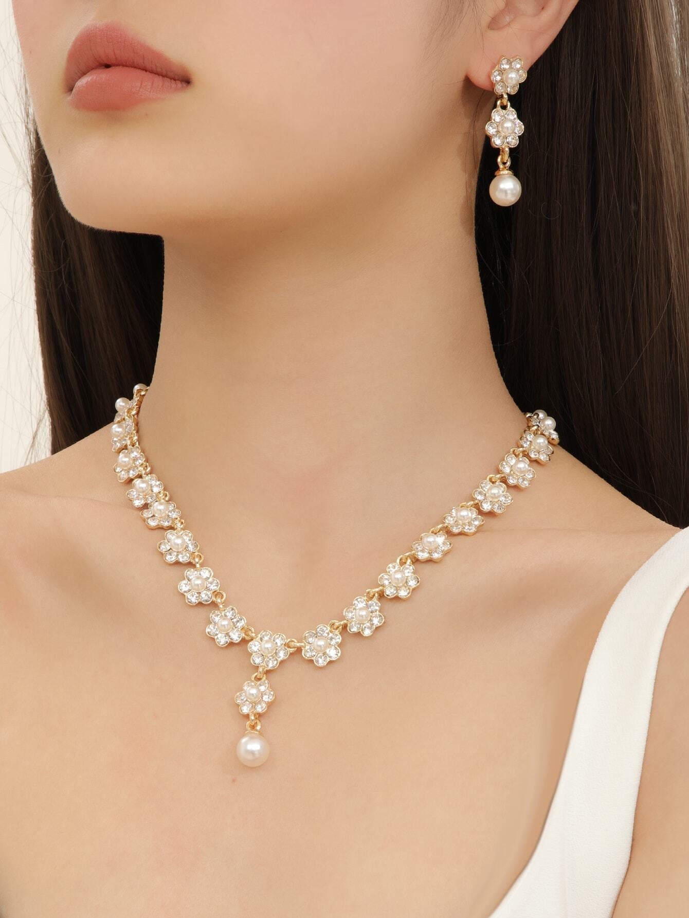 3Pcs/Set Wedding Bridal Jewelry Set with Small Faux Pearl, Crystal Water Drop Earrings and Necklace for Women'S Evening Party Dresses