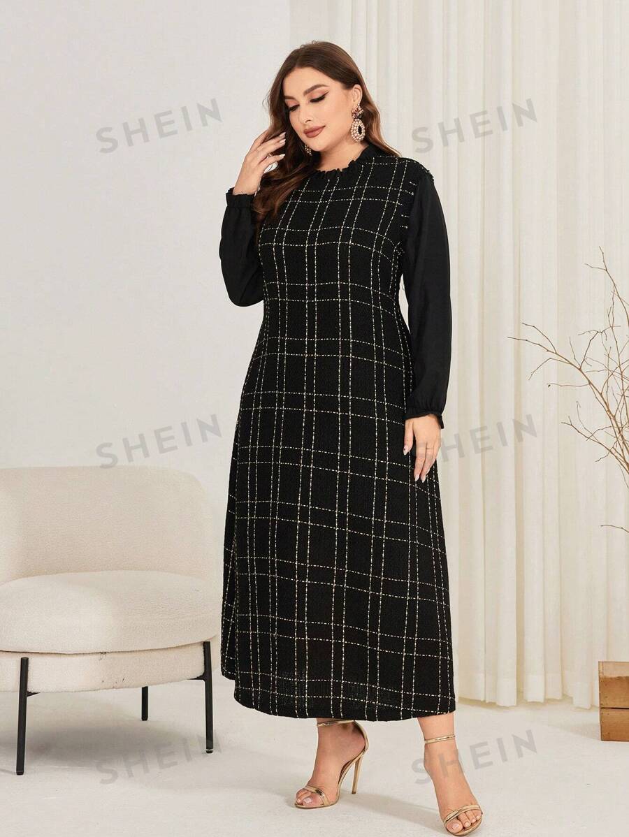 SHEIN Najma فستان نسائي بمقاس كبير بأكمام جرسية مربعة النقش وياقة منحنية مزينة بالكشكشة، قصة آيلاين، نمط عربي