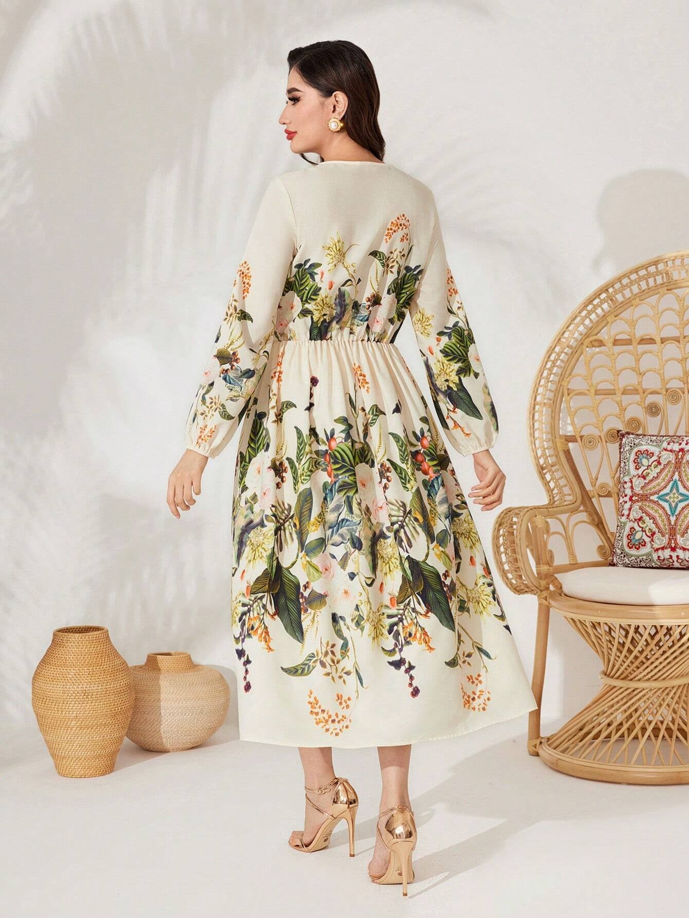 Mulvari Plant Printed Long Sleeve Dress