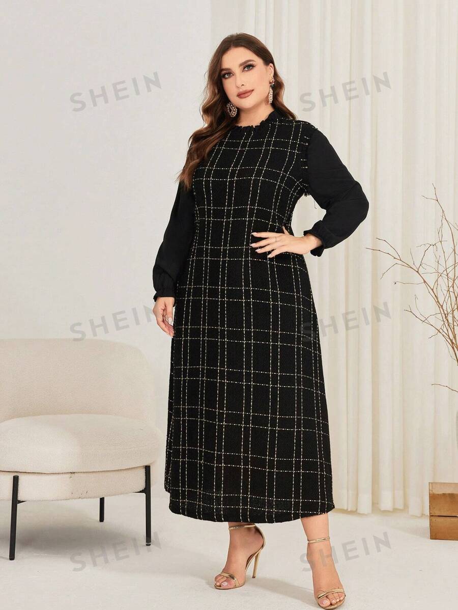 SHEIN Najma فستان نسائي بمقاس كبير بأكمام جرسية مربعة النقش وياقة منحنية مزينة بالكشكشة، قصة آيلاين، نمط عربي