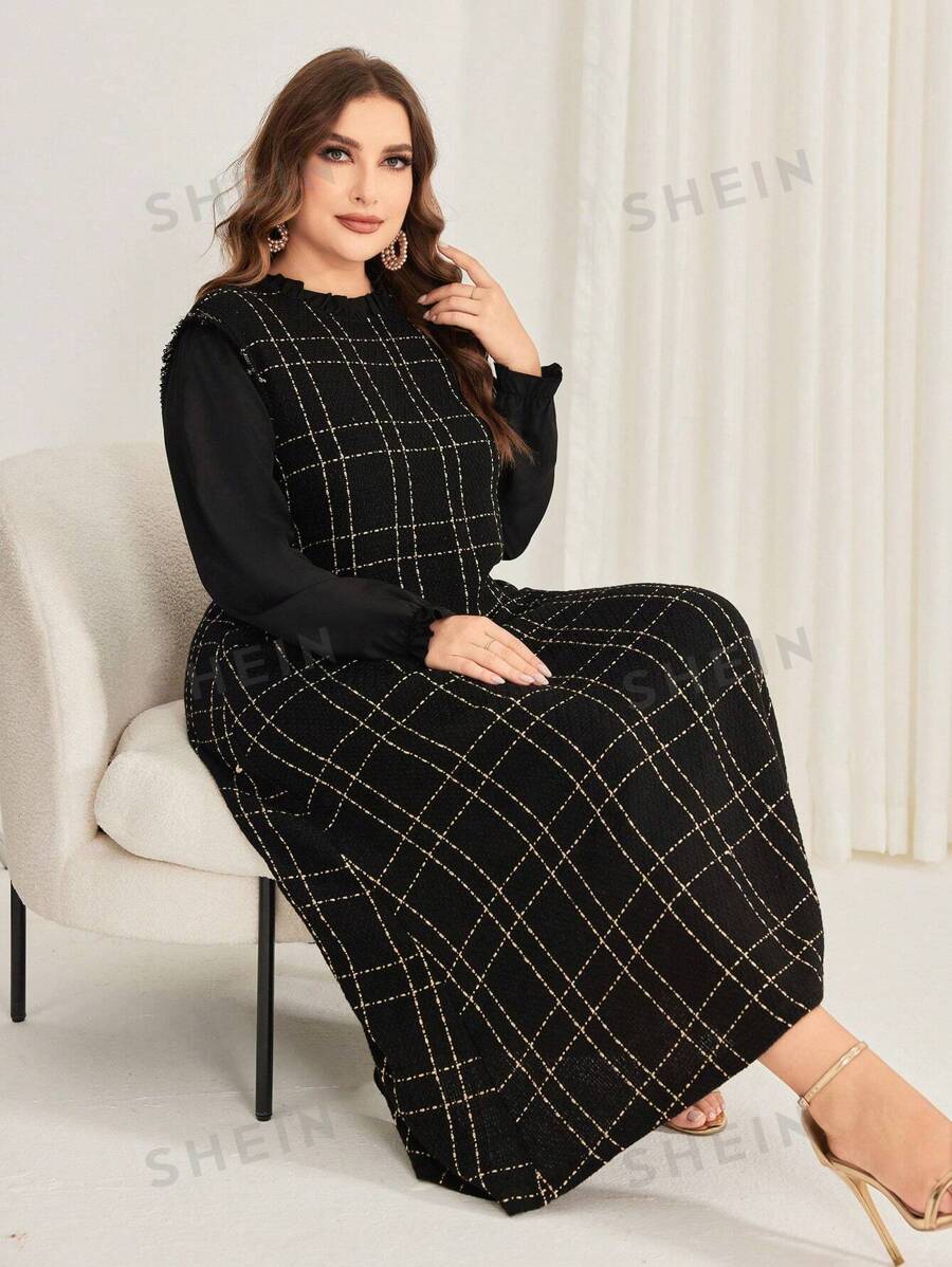 SHEIN Najma فستان نسائي بمقاس كبير بأكمام جرسية مربعة النقش وياقة منحنية مزينة بالكشكشة، قصة آيلاين، نمط عربي