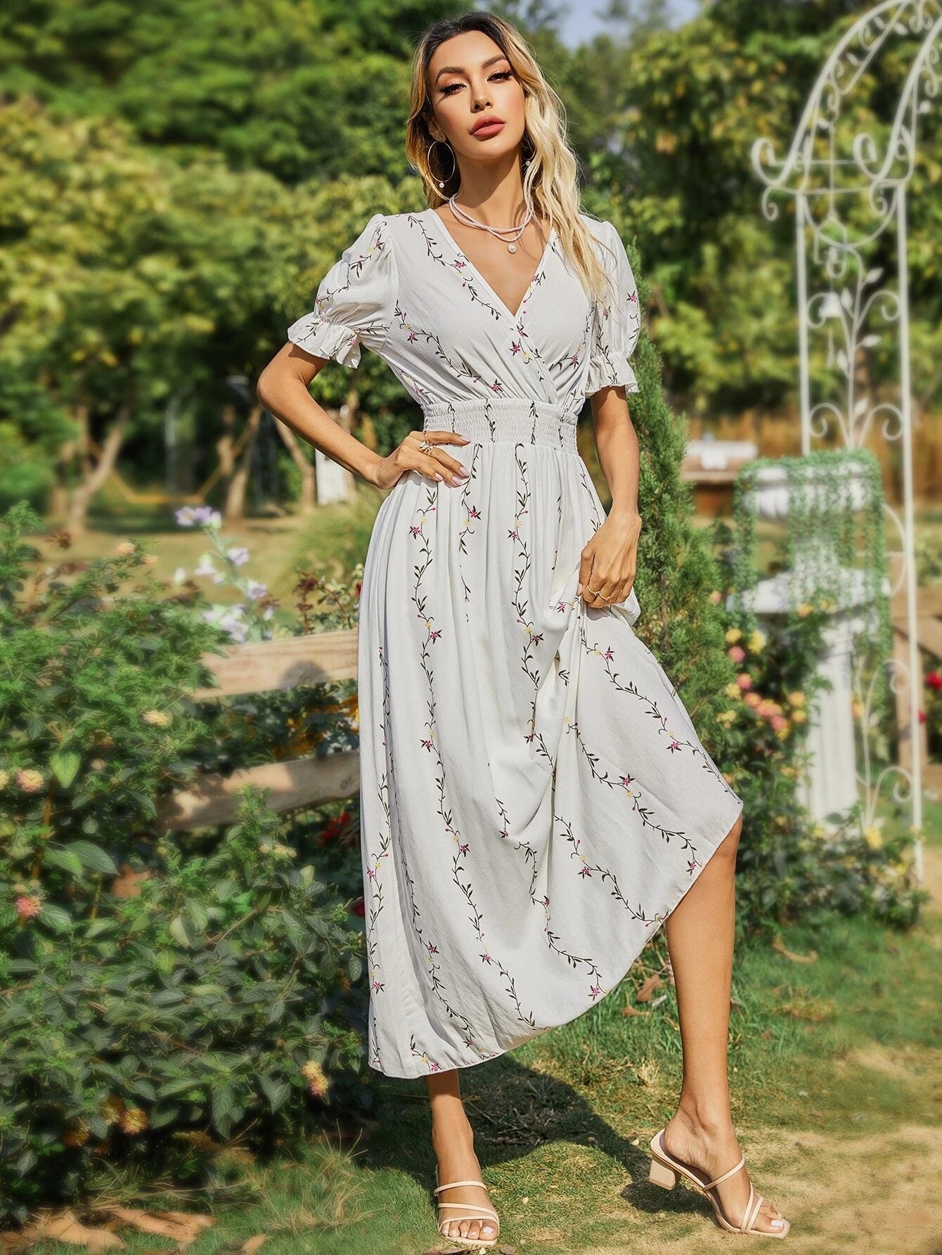 Mulvari Plants Print Surplice Front Shirred Waist Dress