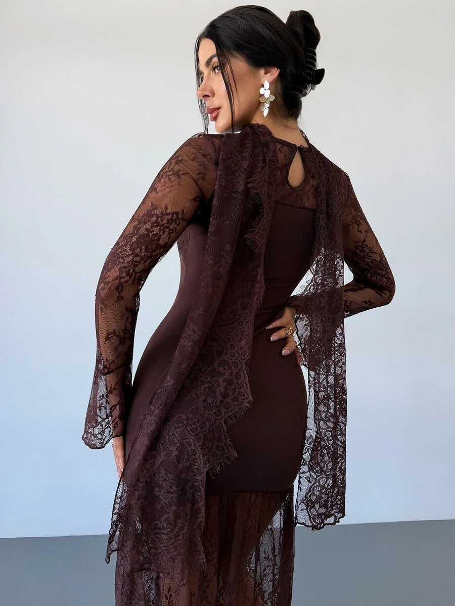 SHEIN Firerie فستان بني بأكمام طويلة وتفاصيل دانتيل وشريط شفاف