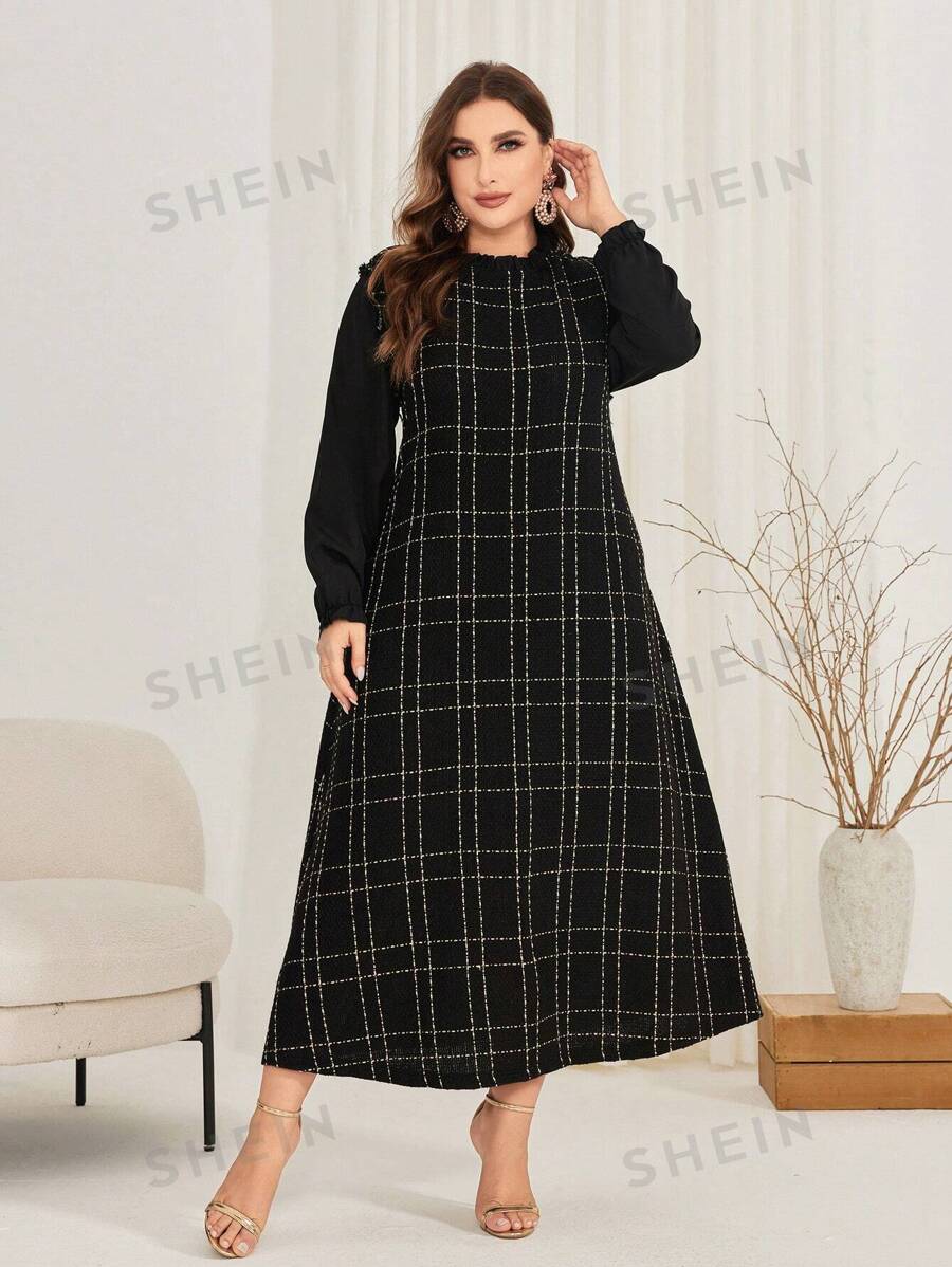 SHEIN Najma فستان نسائي بمقاس كبير بأكمام جرسية مربعة النقش وياقة منحنية مزينة بالكشكشة، قصة آيلاين، نمط عربي