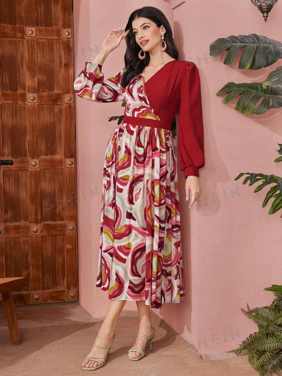 SHEIN Modely فستان نسائي بأكمام فانوسية و قطع ورقية مطبوعة