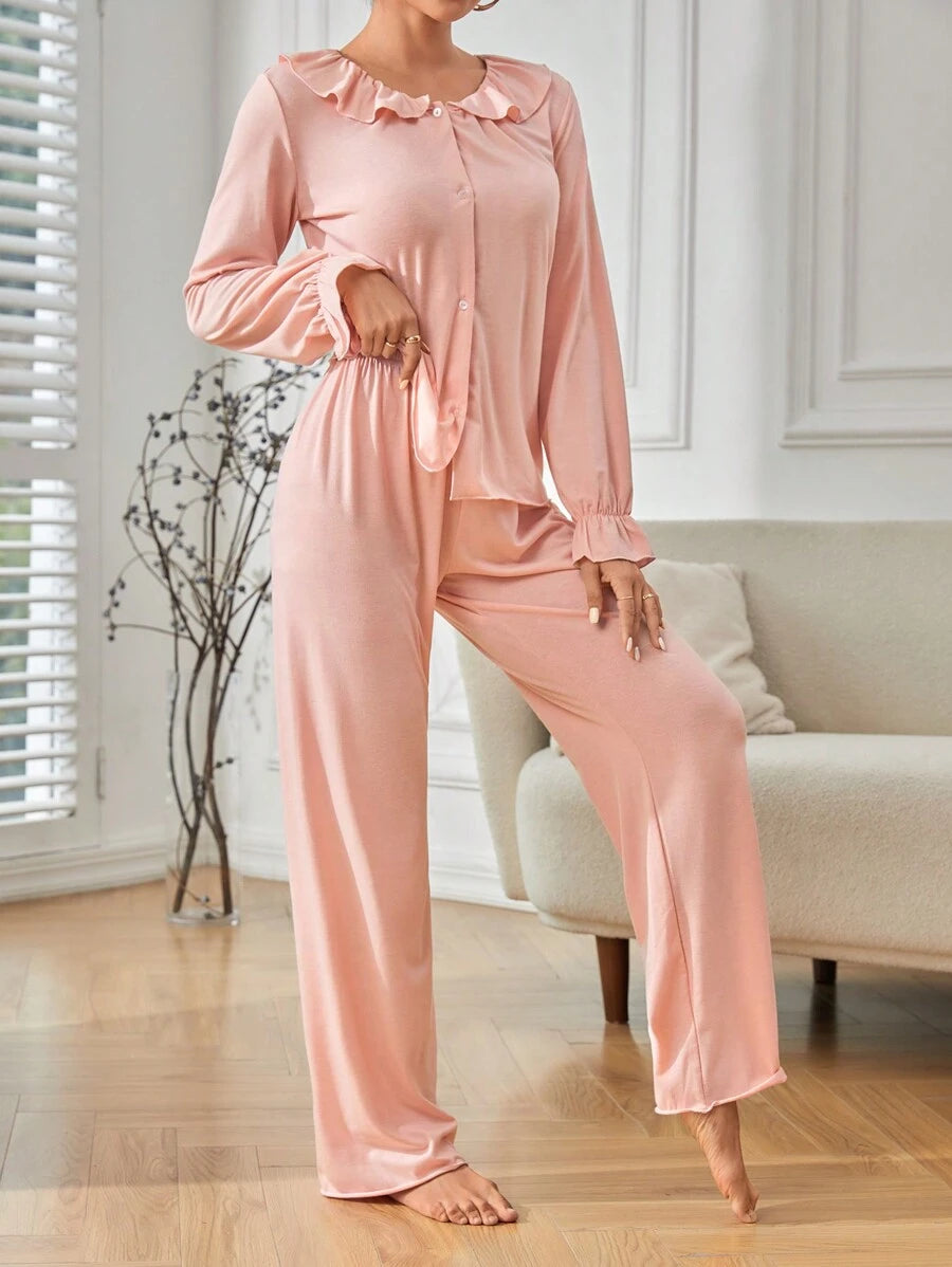 SHEIN طقم بيجامة نسائي بأزرار أمامية مزينة بحاشية من الكشاكش