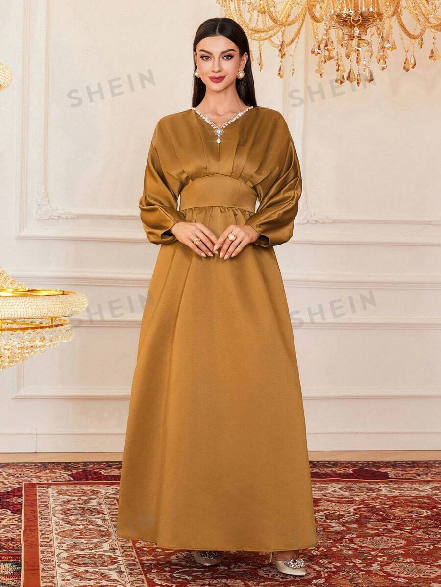 SHEIN Modely فستان نسائي بأكمام الخفاش مزين بخرز اللؤلؤ، فستان سهرة أنيق بطول ماكسي