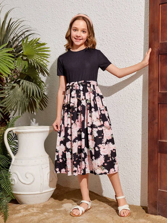 SHEIN Kids فستان بنات كاجوال متكامل بأكمام مستديرة وطبعات زهور مشتركة لفتيات المراهقات