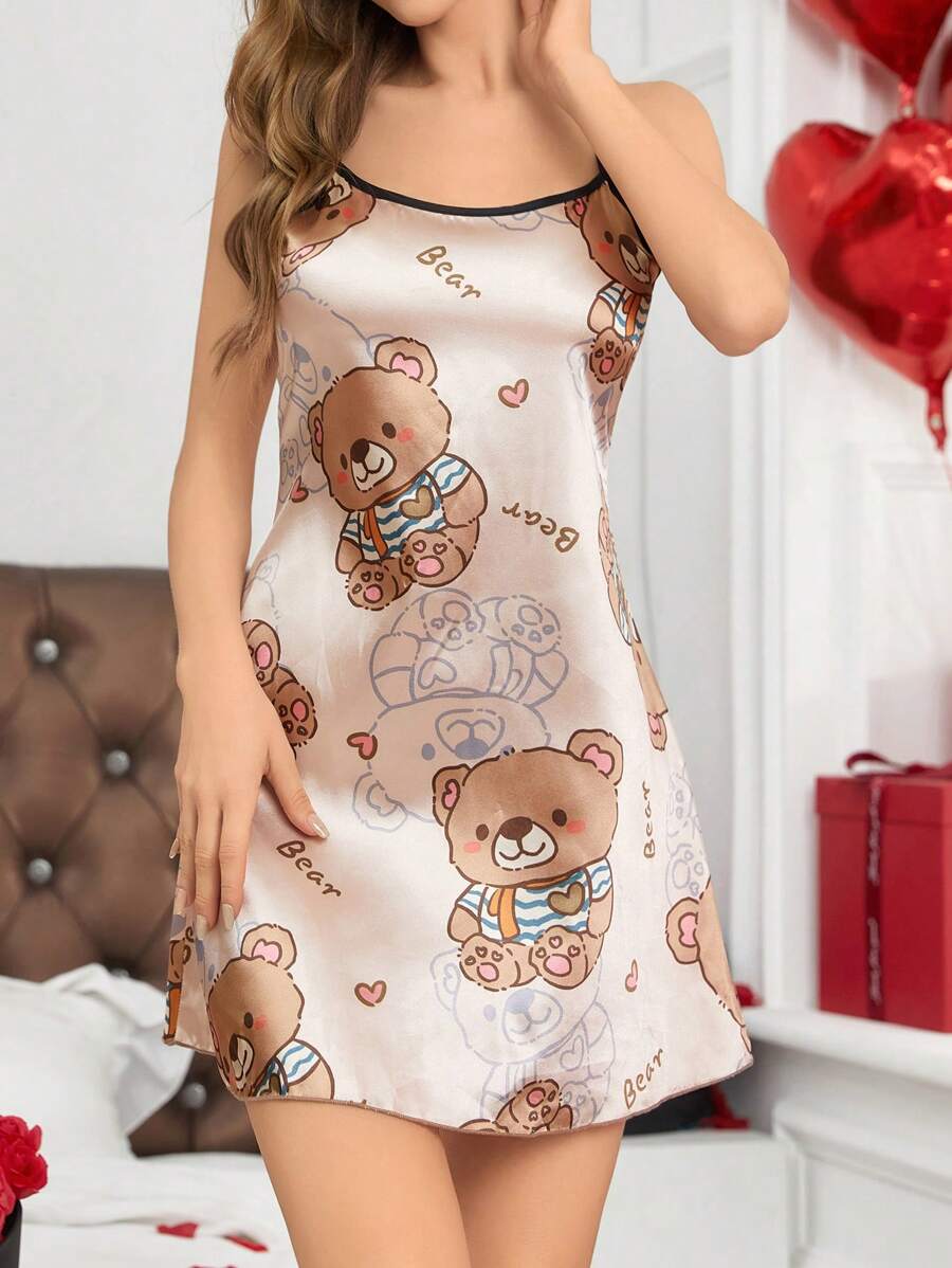 SHEIN فستان نوم نسائي كامي من الساتان بتصميم طباعة كرتونية وتفاصيل تباينية