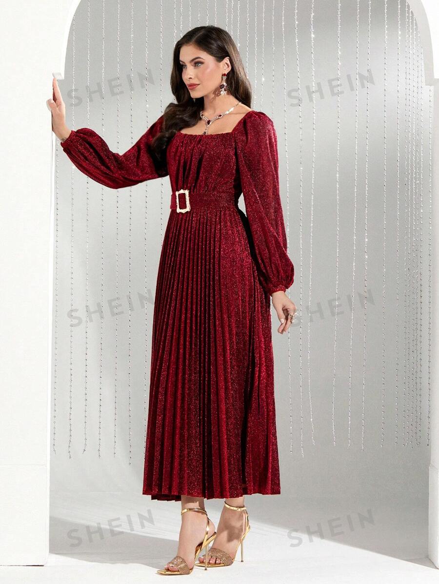 SHEIN Modely فستان نسائي بقصة أيه لاين وأكمام بيجامة مزينة بالبريق وحاشية مجمعة، فستان سهرة طويل أنيق