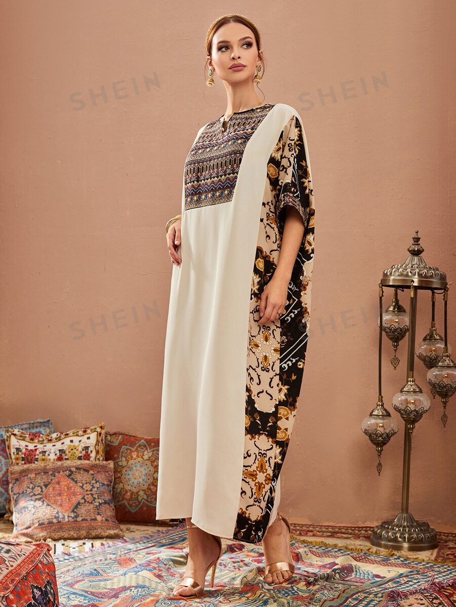 SHEIN Najma قفطان بياقة حرف في وجرافيك جيو