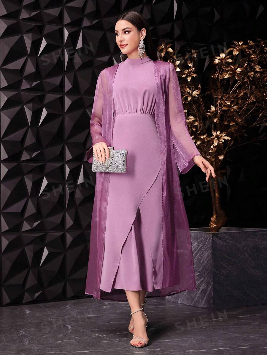 SHEIN Modely فستان نسائي بياقة متوسطة الارتفاع بلون صامد وسترة عادية شفافة بنفسجيتين