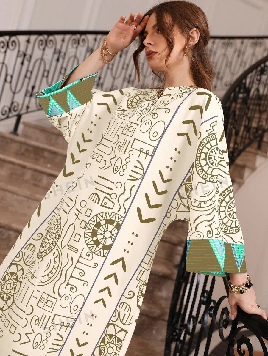 SHEIN Najma قفطان طباعة شامل خط عنق مفتوح اكمام جناح الخفاش