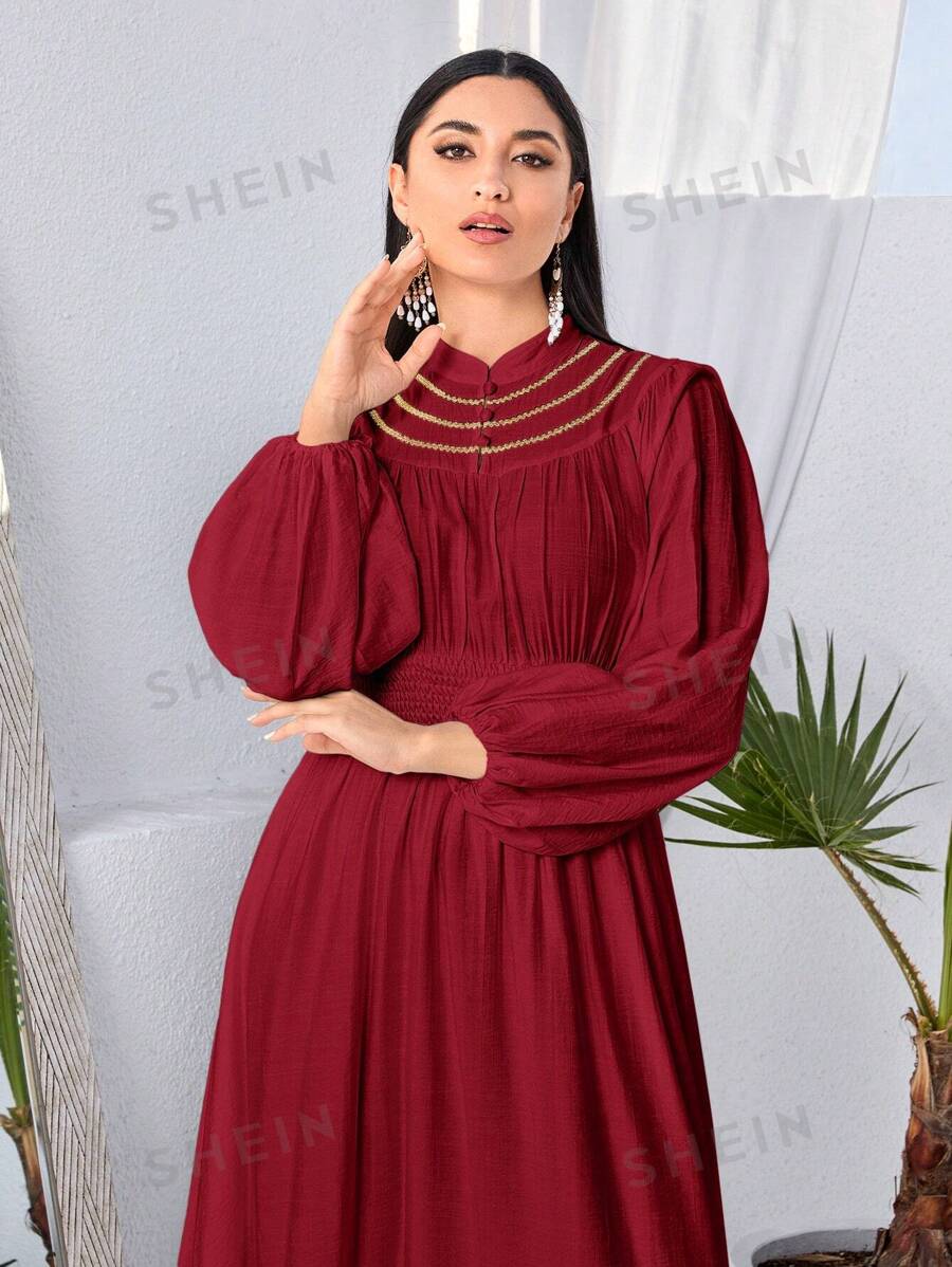 SHEIN Modely فستان أنيق للنساء بأكمام فوانيس وخصر ضيق، بحزام منسوج باللون الأحمر البرغندي