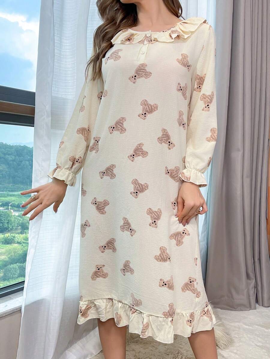 فستان نوم/بيجامة بتصميم كشكش مع نقشة الدب الكرتوني للنساء