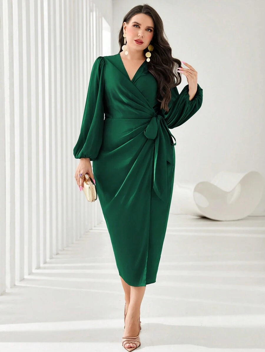 SHEIN Modely فستان ملفوف بالجانب بأكمام فوانيس، للكريسماس