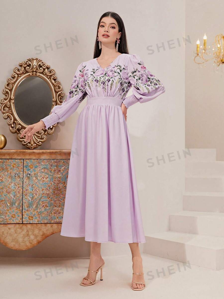 SHEIN Modely فستان بشريط A طباعة الأزهار أكمام فانوس