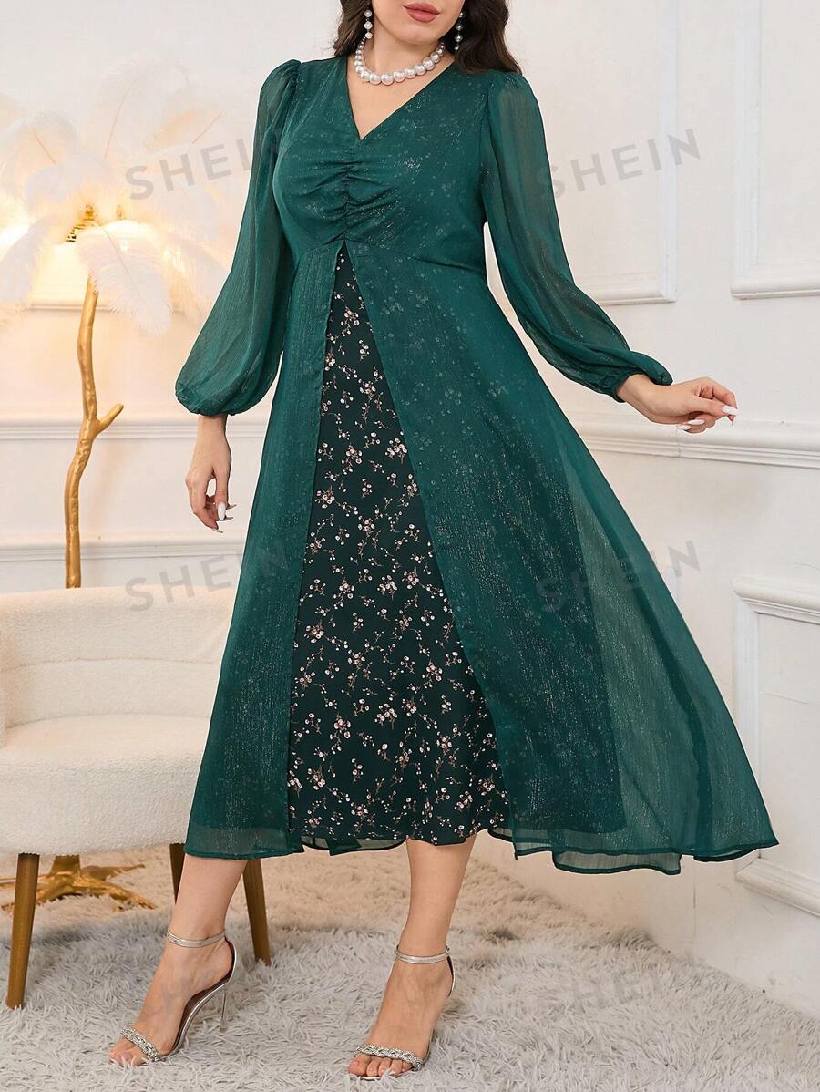 SHEIN Modely فستان بيناتشور بطبعات الزهور الصغيرة وزينة الصدر الرائعة برقبة V، وأكمام اللانترن والزينة السفلية بطبقات، فستان سهرة طويل أنيق للسهرات بمقاس كبير