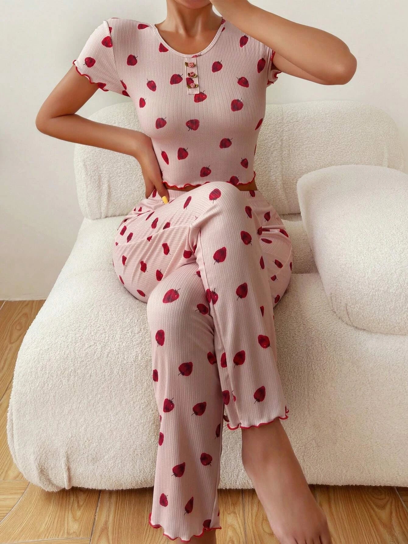 Strawberry Print Lettuce Trim PJ Set