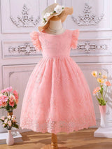 Young Girl Bow Back Ruffle Trim Lace Overlay Dress