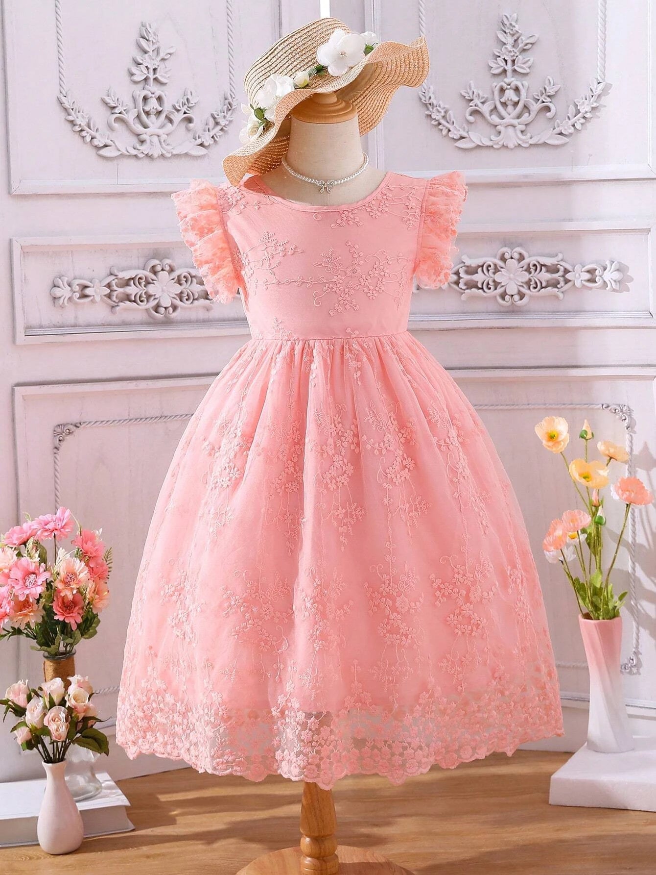 Young Girl Bow Back Ruffle Trim Lace Overlay Dress