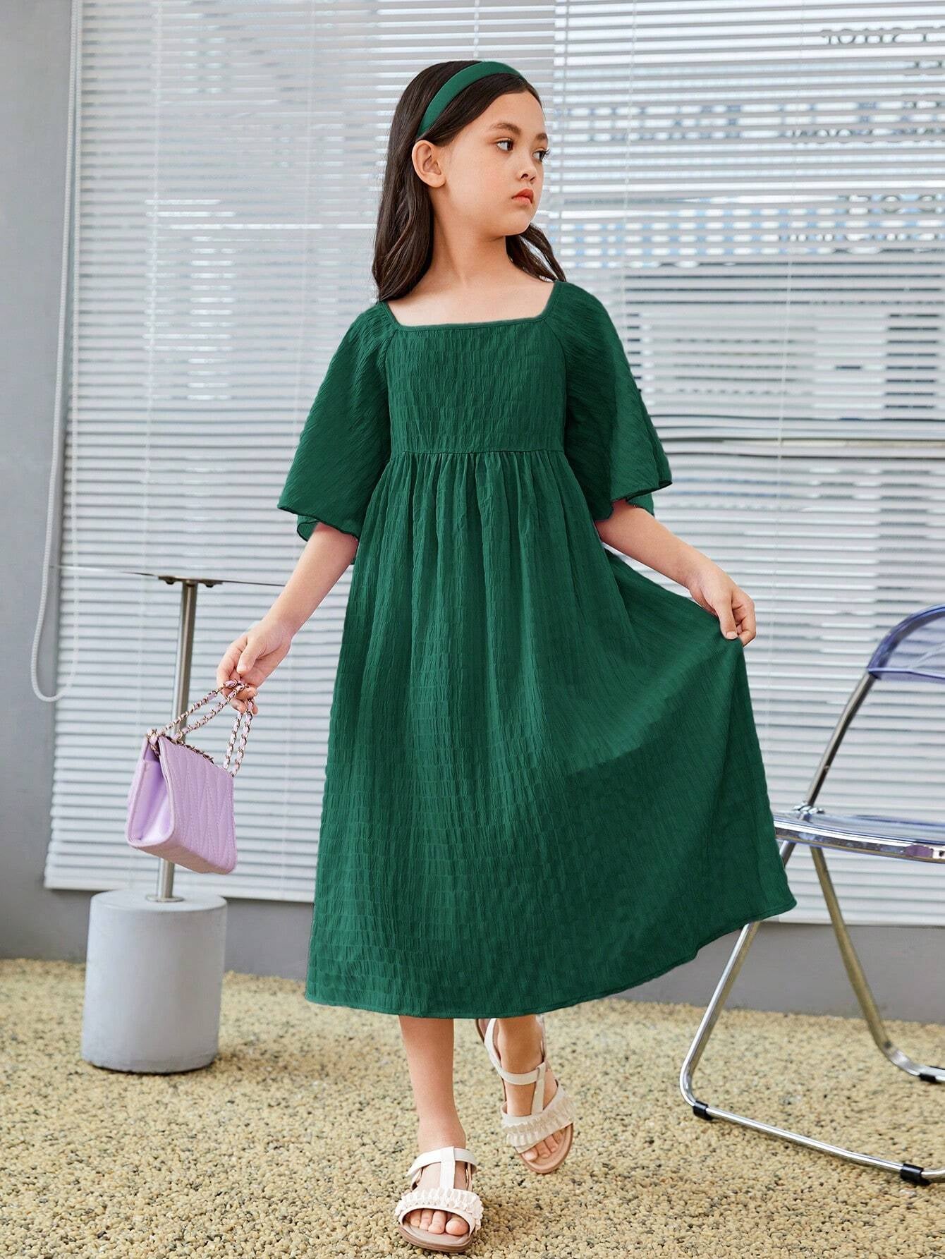 Tween Girl Solid Loose-Fit Elegant Dress with Square Neckline, Cap Sleeves, Suitable for Spring & Summer