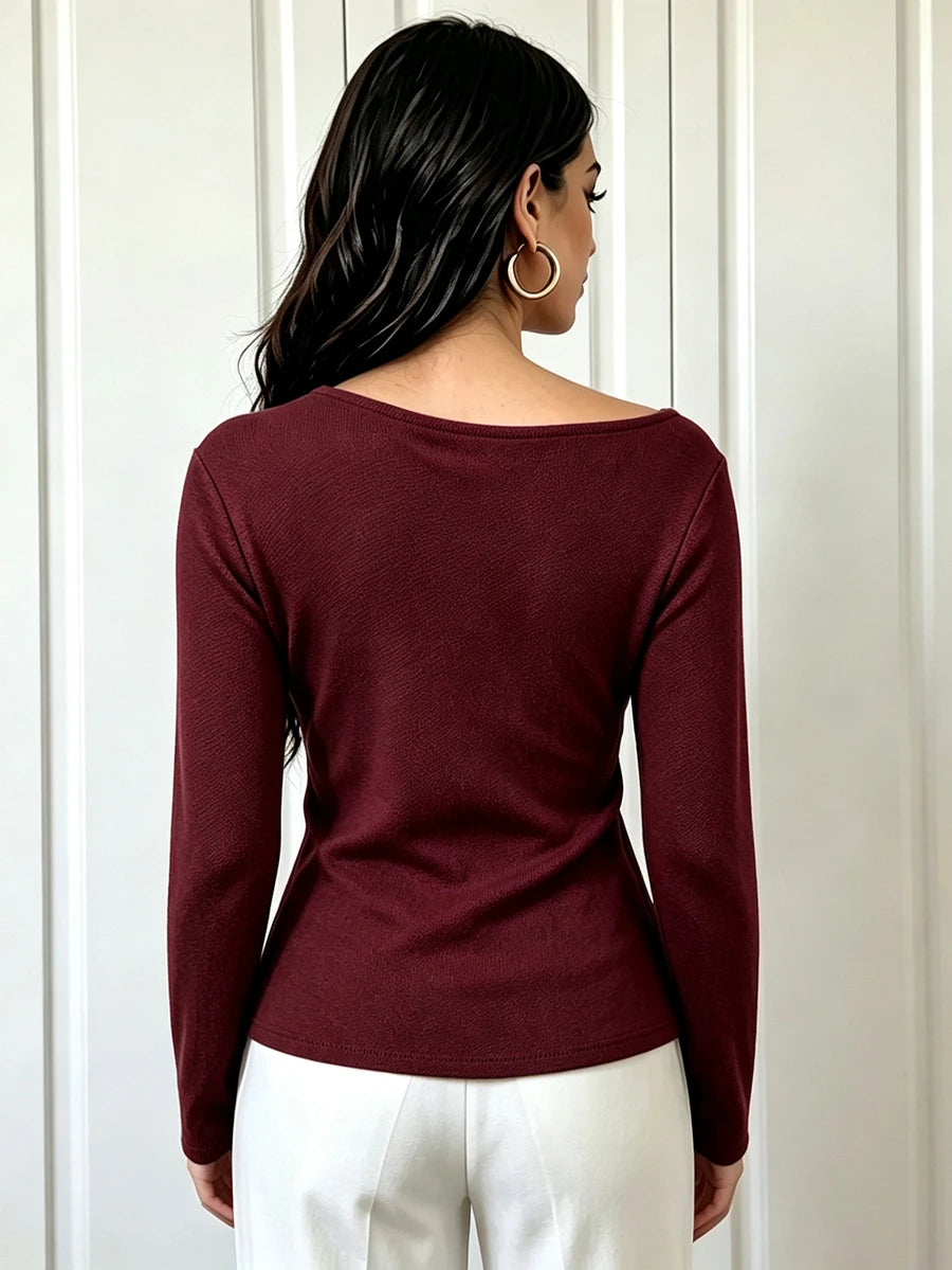 SHEIN Elenzga بلوزة نسائية سادة بتجاعيد وأكمام طويلة بلون عنابي