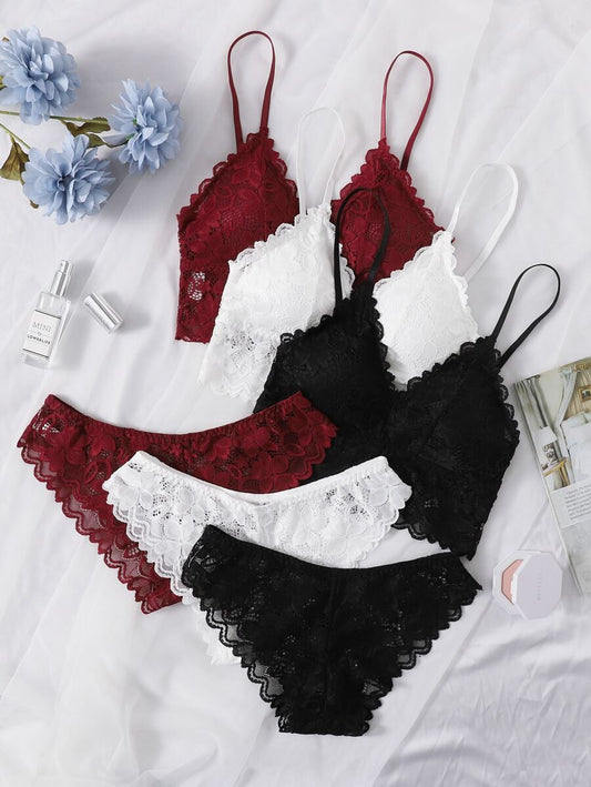 SHEIN طقم ملابس داخلية 3 قطع بدانتيل زهري