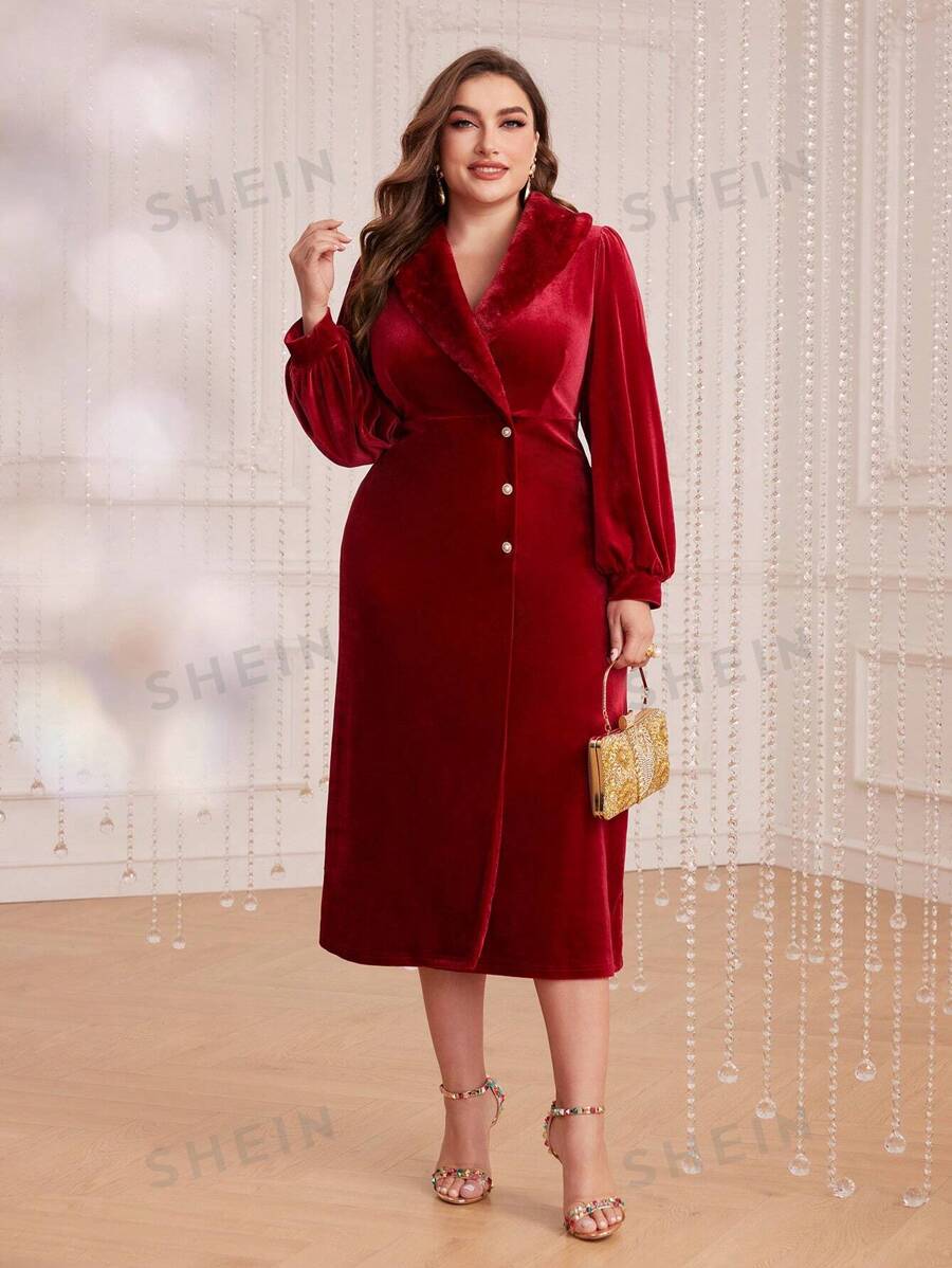 SHEIN Modely فستان ياقة طوق أكمام فانوس مخملي مقاس كبير