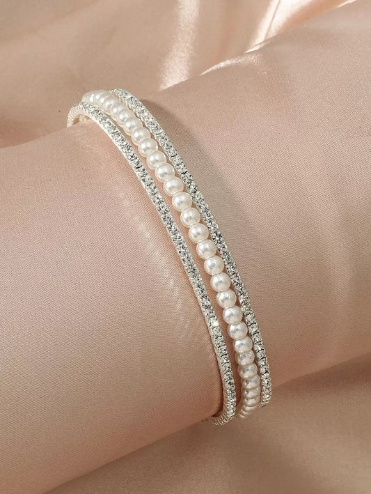 SHEIN سوار فضي مزين بالراين ولؤلؤ اصطناعي