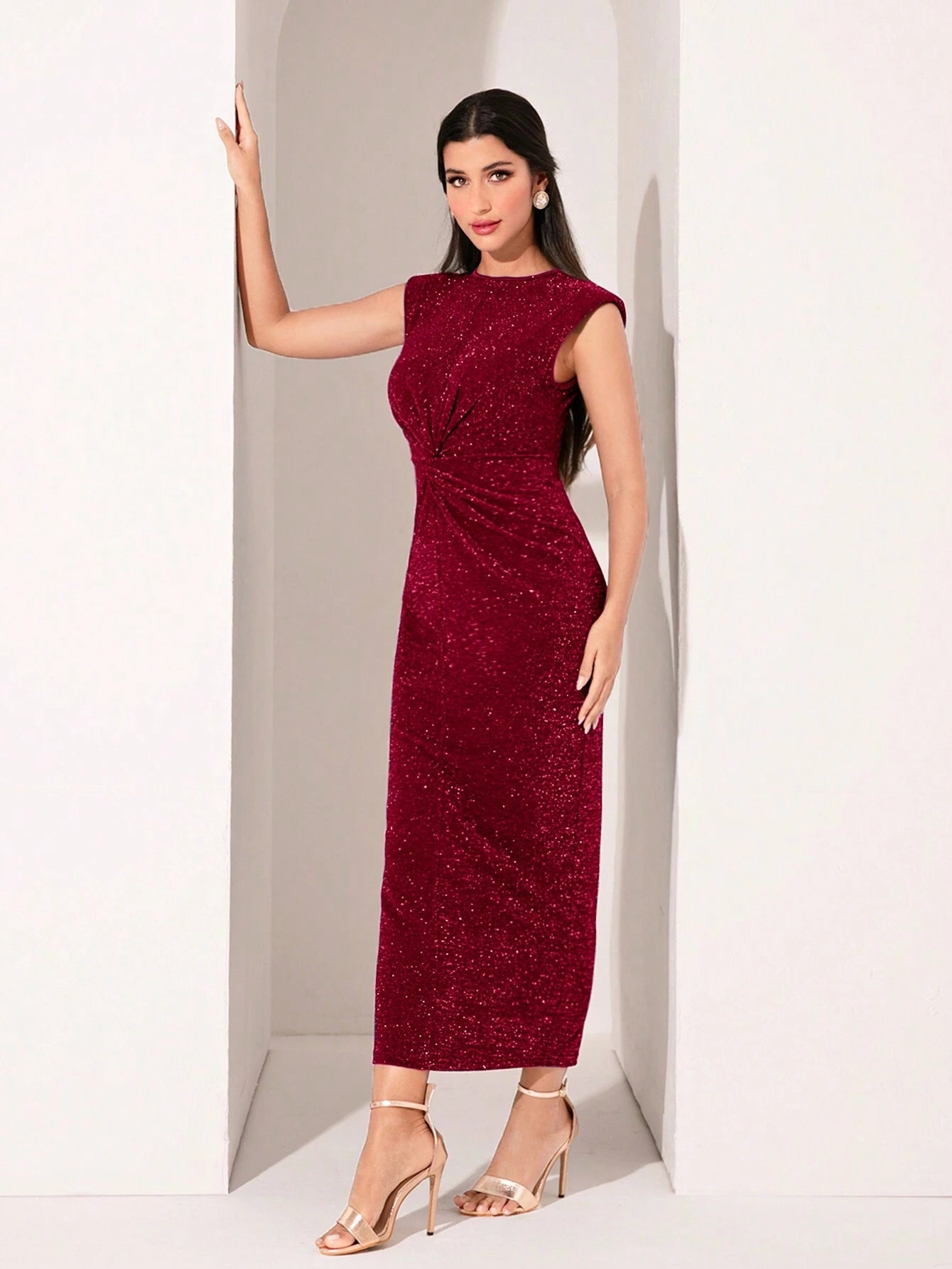 Modely Shoulder Pad Twist Front Glitter Dress