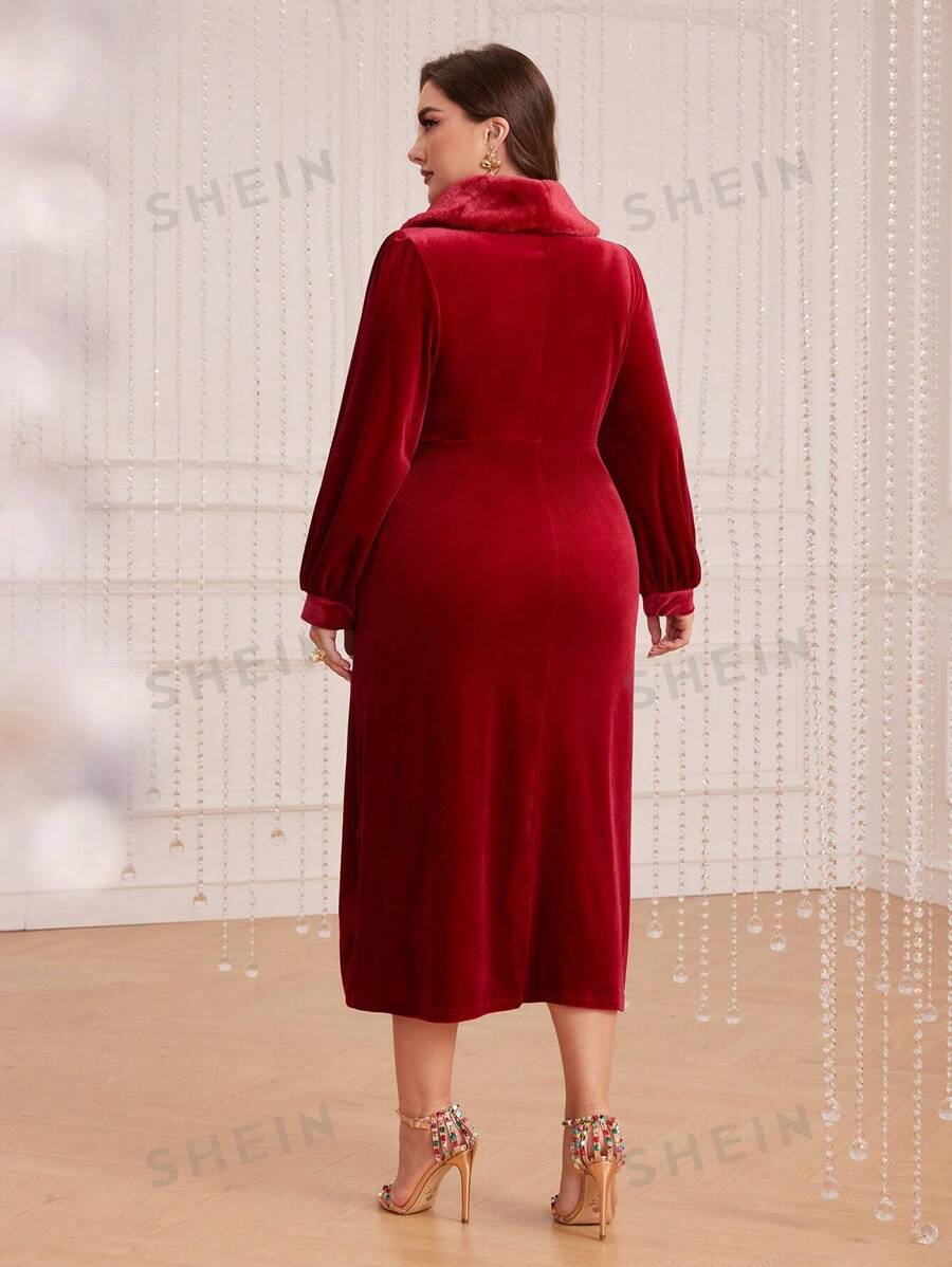 SHEIN Modely فستان ياقة طوق أكمام فانوس مخملي مقاس كبير