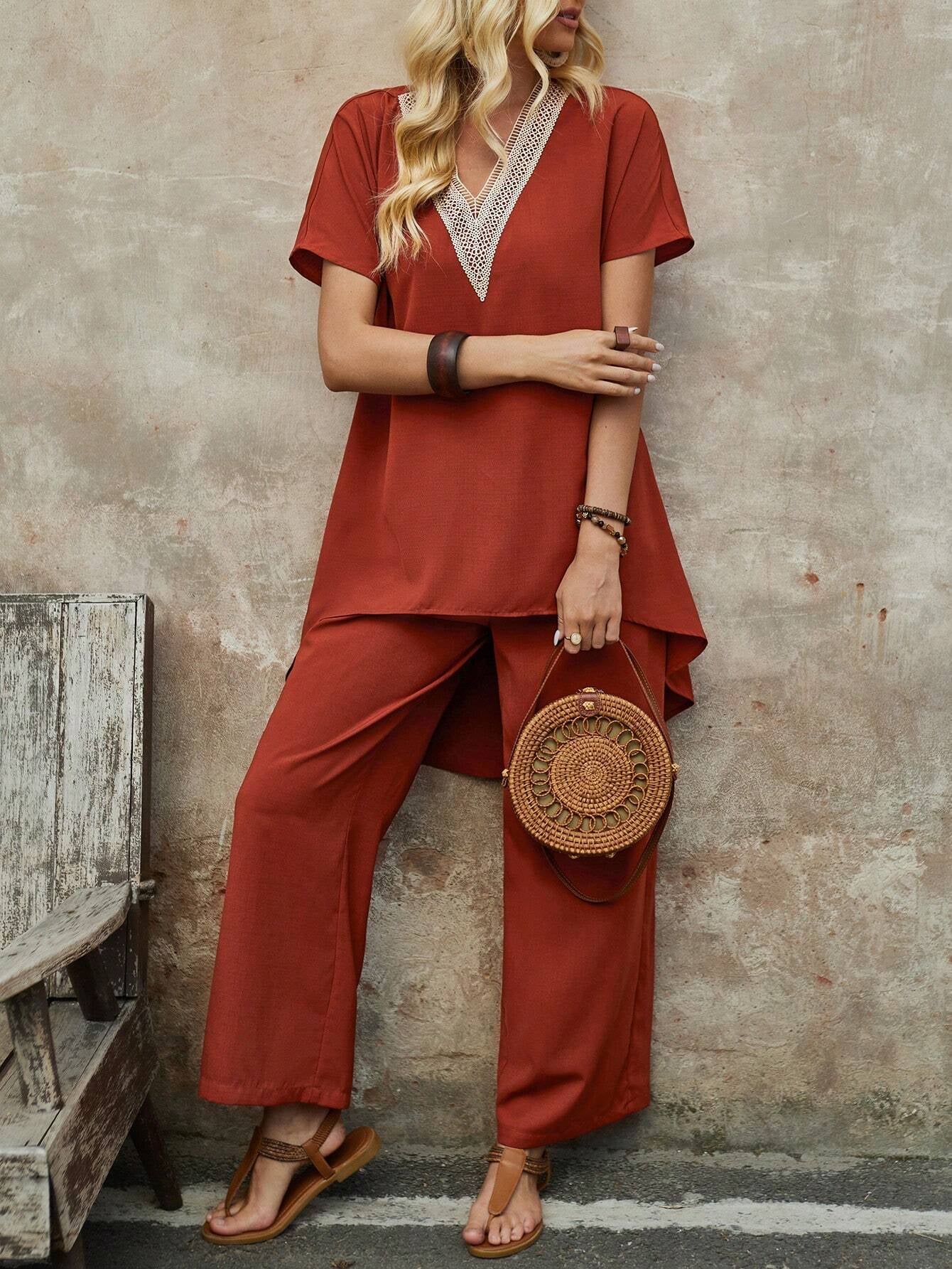 EMERY ROSE Women'S Orange Lace Spliced ​​Short Front Short Back Long Hem Top and Straight Pants Two-Piece Set for Spring